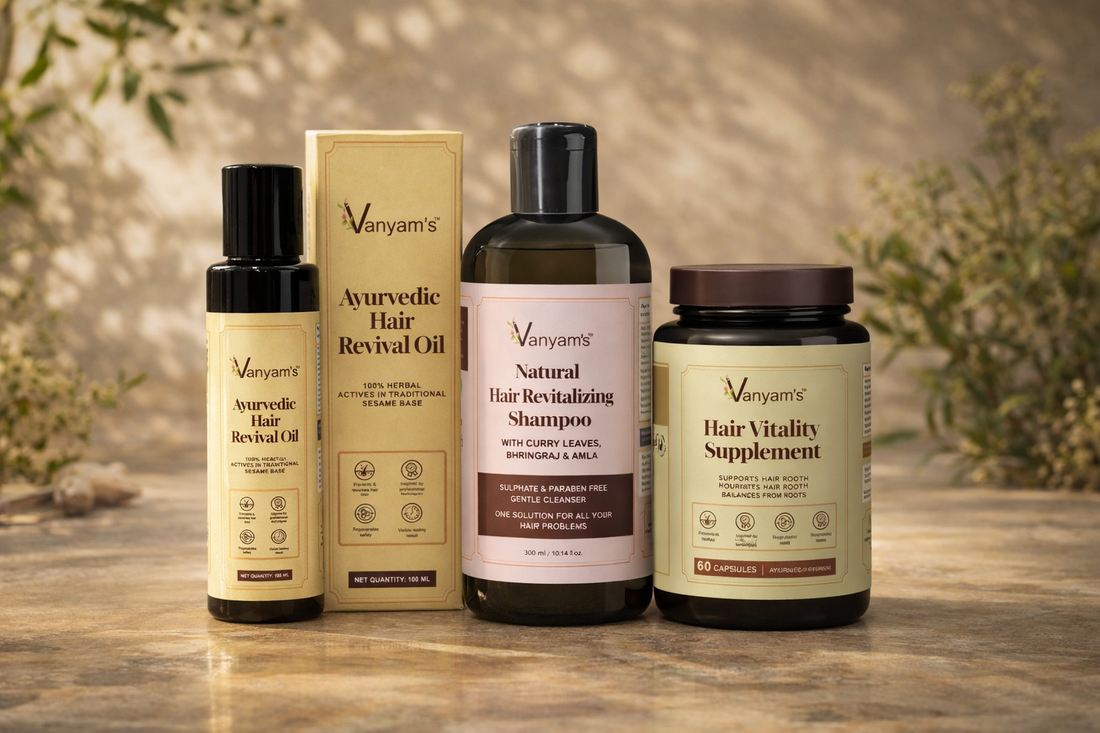 Vanyam Ultimate Hair Fall Control Combo | Hair Revival Oil + Hair Revitalizing Shampoo + Hair Vitality Supplement